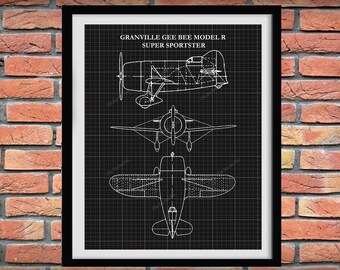 1932 Granville Gee Bee Super Sportster Airplane Poster, Gee Bee R1/R2 Blueprint, Gee Bee Racer Airplane Drawing, Aviation Art,Aviation Decor