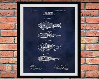 1908 Artificial Fish Bait Patent Print #2, Fishing Lures Poster,  Mechanical Fish Lure Art Print, Fishing Camp Decor, Fishing Tackle Poster