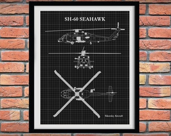 SH-60 Seahawk Helicopter Art Print, Sikorsky SH-60 Sea Hawk Blueprint, Chopper Pilot Gift, Sikorsky SH-60 Drawing, Helicopter Decor