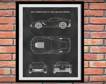 2017 Corvette C7-Z06 Grand Sport Drawing, Chevy Corvette C7-Z06 Grand Sport Poster, Corvette C7 Z06 Blueprint, Race Car Decor,Corvette Decor