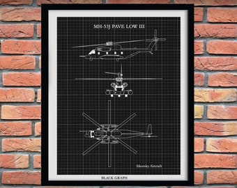 Sikorsky MH-53 Pave Low Art Print, Sikorsky MH-53J Pave Low Helicopter Drawing, Chopper Pilot Gift, Helicopter Decor