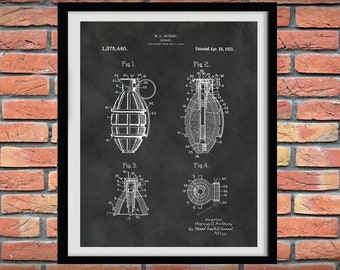 1921 Hand Grenade Patent Print, Hand Grenade Poster, Military Grenade Weapon Blueprint, Giclée Print