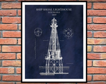 1859 Ship Shoal Lighthouse Drawing - Ship Shoal Louisiana Lighthouse Blueprint - Nautical Decor - Lighthouse Architectural Drawing