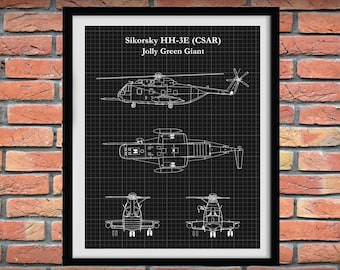 Sikorsky HH-3E Jolly Green Giant Blueprint Vers #1, Sikorsky HH-3E Pararescue Helicopter Drawing, Military Helicopter Decor