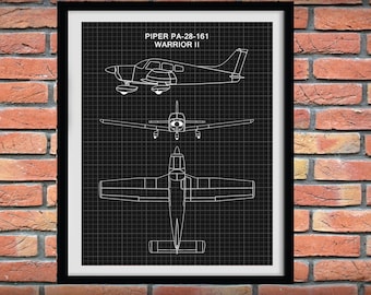 Piper PA-28-161 Drawing, Piper Warrior II Poster, Piper Cub Airplane Blueprint, Aviation Décor, Pilot School Décor, Piper Cub Wall Art