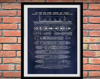 R.M.S. Titanic Poster Vers #2 - Titanic Poster - Titanic Blueprint - Titanic Decor - Titanic Cutaway Drawing - Titanic Deck Plans