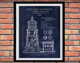 1910 Split Rock Lighthouse Drawing, Split Rock Lighthouse Poster, Nautical Decor, Lake Superior Lighthouse Art Print, Beach House Decor