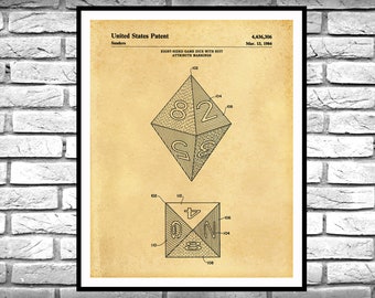 1984 Dice Patent Print, Octahedron Dice Blueprint, Game Room Decor, Dungeons & Dragons, DnD Player, Dungeon Master Dice Print, 8-Sided Dice