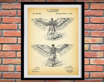 1889 Flying Machine Patent Print, Human Flying Machine Poster, Flying Man Patent Drawing, Icarus Poster, Jasper Spalding Flying Machine