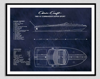 1969 Chris Craft Boat Drawing, Chris Craft Commander Super Sport Poster, Nautical Decor, Chris Craft Blueprint, Chris Craft Commander Club