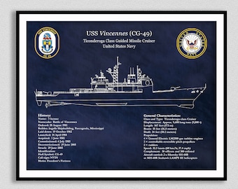 USS Vincennes CG-49 Blueprint, Ticonderoga Class Cruiser Drawing, Ticonderoga Class Guided Missile Cruiser Drawing, US Navy Wall Art Print