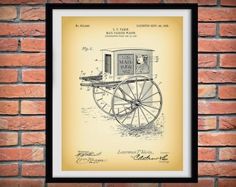 1905 Mail Wagon Patent Print, Vintage USPS Mail Cart Poster, Mail Carrier Gift Idea, Mailman Rural Route Delivery Poster