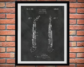 1926 Soprano Saxophone Patent Print Vers #2, Saxophone Drawing, Music Room Décor, Jazz Band Wall Art, Music Teacher Wall Art