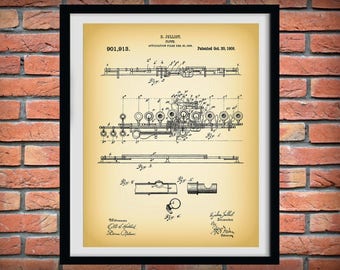 1908 Flute Patent Print, Musical Flute Poster, Music Room Décor