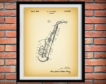 1949 Saxophone Patent Print By Gillespie - Musical Instrument - Brass Horn -  Music Room Art - Marching Band - Jazz Band Gift