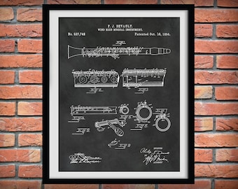 1894 Clarinet Patent Print - Musical Instrument - Wind Reed Instrument -  Music Room Art - Orchestra Wall Art - Marching Band