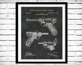 1904 Luger Patent German Pistol Recoil Loading Firearm -  Art Print - Poster - WWI Luger Firearm - Military Weapon - German Military gun