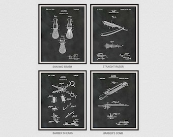 4 Vintage Barber Shop Patent Prints - Shaving Brush Patent - Straight Razor Patent - Barber Shears Patent- Comb Patent- Barber Shop Wall Art