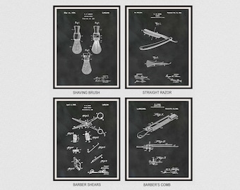 4 Barber Shop Patent Prints - Shaving Brush Patent - Straight Razor Patent - Barber Shears Patent - Comb Patent - Barber Shop Decor