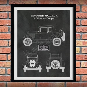 Model A Ford Coupe Poster, 1930 Model A Blueprint, 1930 Ford Model A 5 Window Coupe Drawing, Ford Model A Car Poster, Ford Model A Wall Art