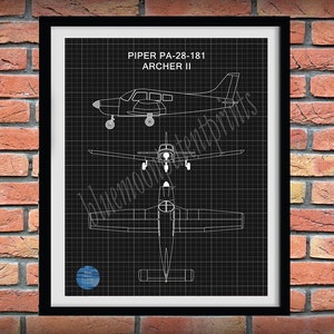 Piper PA-28-181 Drawing, Piper PA-28-181 Archer II Poster, Piper Cub Airplane Blueprint, Aviation Décor, Pilot School Décor