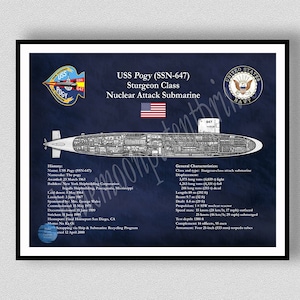 USS Pogy SSN-647 Submarine Drawing, Sturgeon Class Submarine Poster, USS Pogy Submarine Wall Art, Sturgeon Submarine Art Print