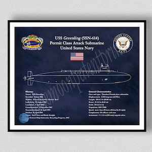 USS Greenling SSN-614 Drawing, Permit Class Sub Blueprint, Uss Greenling SSN-614 Sub Poster, Thresher Class Submarine Print, Navy Submarine