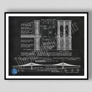 Brooklyn Bridge Drawing, Brooklyn Bridge architectural blueprint, 1870's Brooklyn Bridge poster, New York City Brooklyn Bridge Art Print