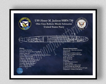 USS Henry M Jackson SSBN-730 Ohio Class Submarine Blueprint, USS Henry Jackson Submarine Poster, Ohio Class Submarine Drawing, Submarine Art