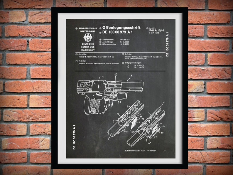 2001 H&K P2000 Pistol Patent Print German Gun Patent Print Heckler and Koch GmbH Gun Poster NRA Decor Semi-Automatic Handgun Black Brush Stroke