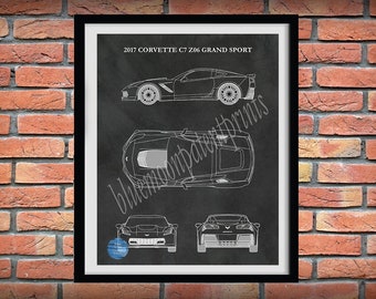 Corvette C7-Z06 Grand Sport Drawing, 2014-2020 Corvette C7-Z06 Grand Sport Poster, Corvette C7 Z06 Blueprint, Race Car Decor,Corvette Decor