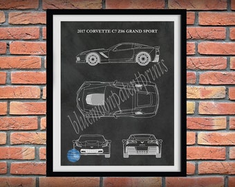 2017 Corvette C7-Z06 Grand Sport Drawing, Chevy Corvette C7-Z06 Grand Sport Poster, Corvette C7 Z06 Blueprint, Race Car Decor,Corvette Decor