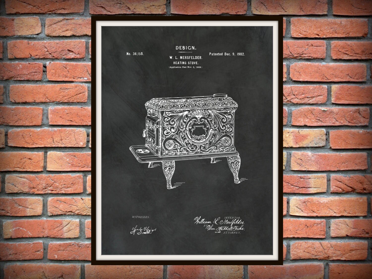 Patent 1902 Heating Stove Antique Decorative Wood Burning Stove