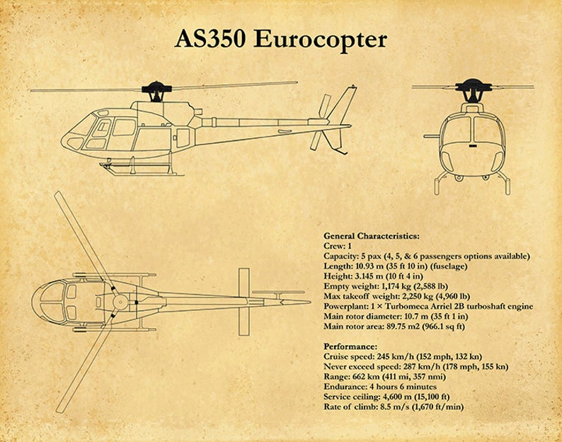 AS350 Eurocopter Art Print, AS350 Helicopter Blueprint, Helicopter ...