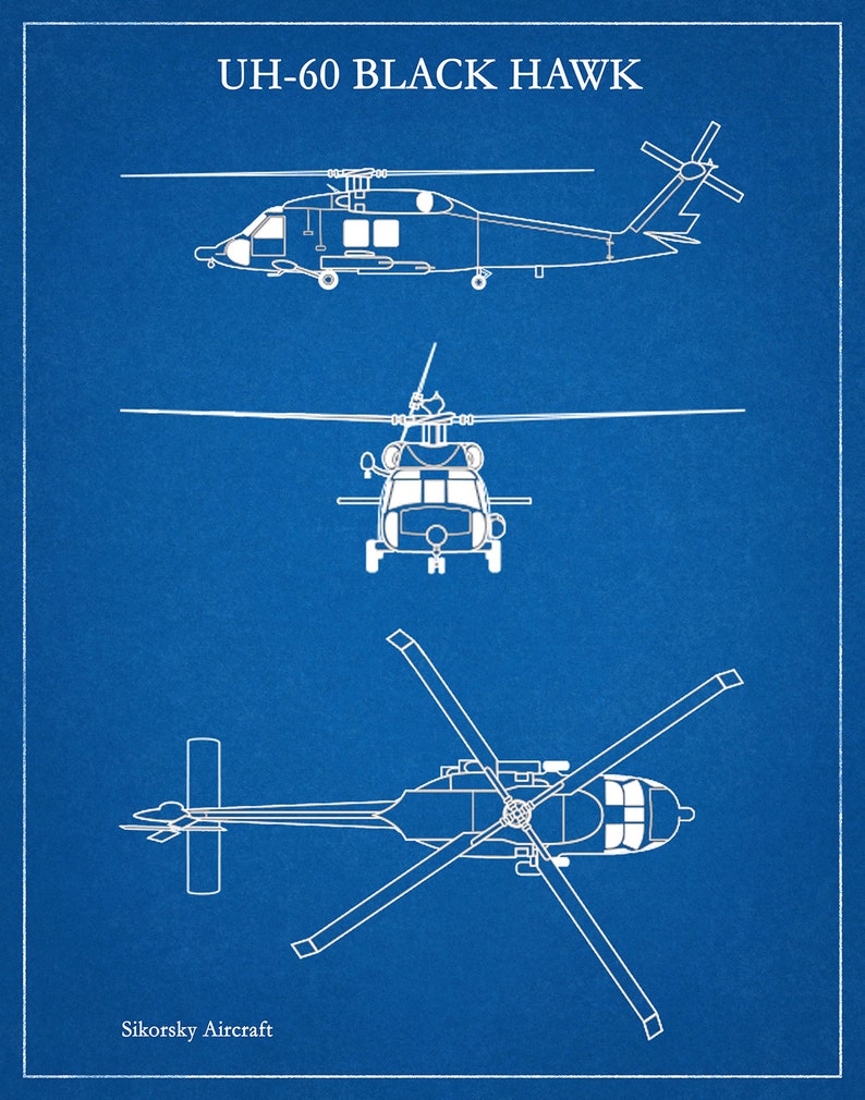 UH-60 Black Hawk Helicopter Art Print, Sikorsky UH-60 Helicopter Blueprint Chopper Pilot Gift Sikorsky UH-60 Chopper, Helicopter Decor Blueprint