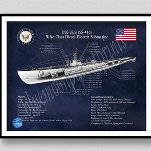 USS Tiru SS-416 Submarine Poster Print, Balao Class Submarine Blueprint, USS Tiru Diesel-Electric Submarine Drawing, Us Submarine Wall Art