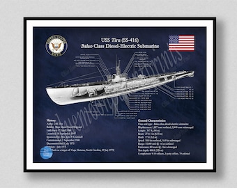 USS Tiru SS-416 Submarine Poster Print, Balao Class Submarine Blueprint, USS Tiru Diesel-Electric Submarine Drawing, Us Submarine Wall Art
