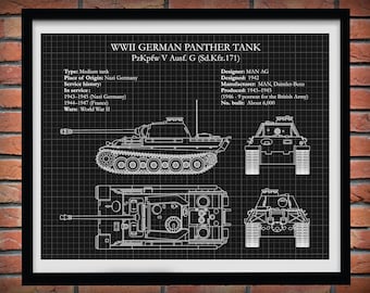 1943 German Panther Tank, PzKfw V German Nazi Army Tank, WWII Military Drawing, Tank Blueprint,  Soldier Wall Art, WWII Collector Print