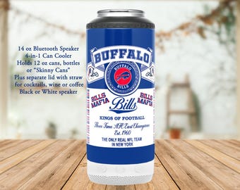 Buffalo Bills Metal Can Cooler with Bluetooth Speaker 4 in 1 Can Coozie 12 oz beer cans, bottles, Skinny Cans Mafia Hidden Swear Words