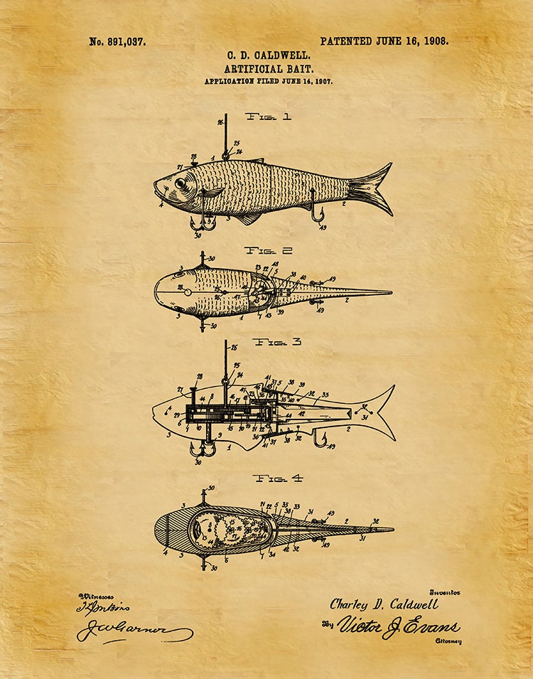 1908 Artificial Fish Bait Patent Print #2, Fishing Lures Poster