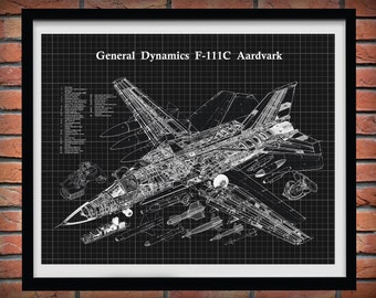 General Dynamics F-111C Aardvark Aircraft Drawing, F-111C Strategic Bomber Plane Blueprint, F-111 Fighter Plane Cutaway Drawing