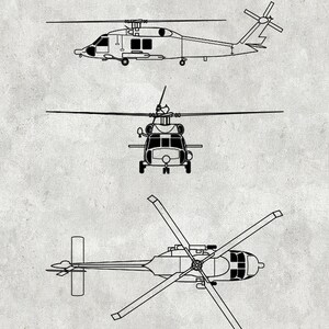 UH-60 Black Hawk Helicopter Art Print, Sikorsky UH-60 Helicopter Blueprint Chopper Pilot Gift Sikorsky UH-60 Chopper, Helicopter Decor Concrete Gray