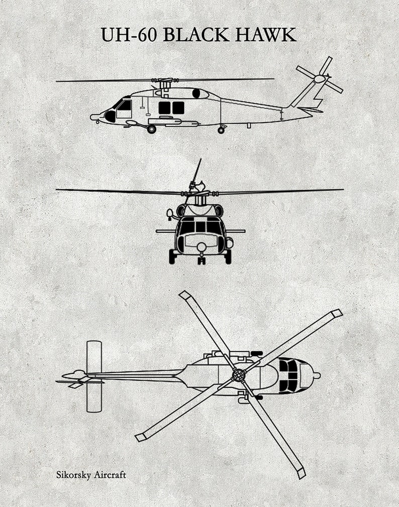 UH-60 Black Hawk Helicopter Art Print, Sikorsky UH-60 Helicopter Blueprint Chopper Pilot Gift Sikorsky UH-60 Chopper, Helicopter Decor Concrete Gray