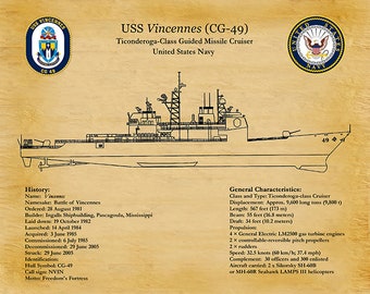 USS Vincennes CG-49 Blueprint, Ticonderoga Class Cruiser Drawing, Ticonderoga Class Guided Missile Cruiser Drawing, US Navy Wall Art Print