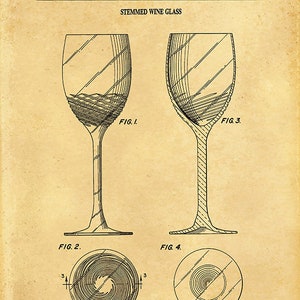 1988 Wine Glass Patent Print, Vintage Wine Glass Poster, Wine Collector Decor, Winery Decor Wine Connoisseur Gift Idea Old Parchment