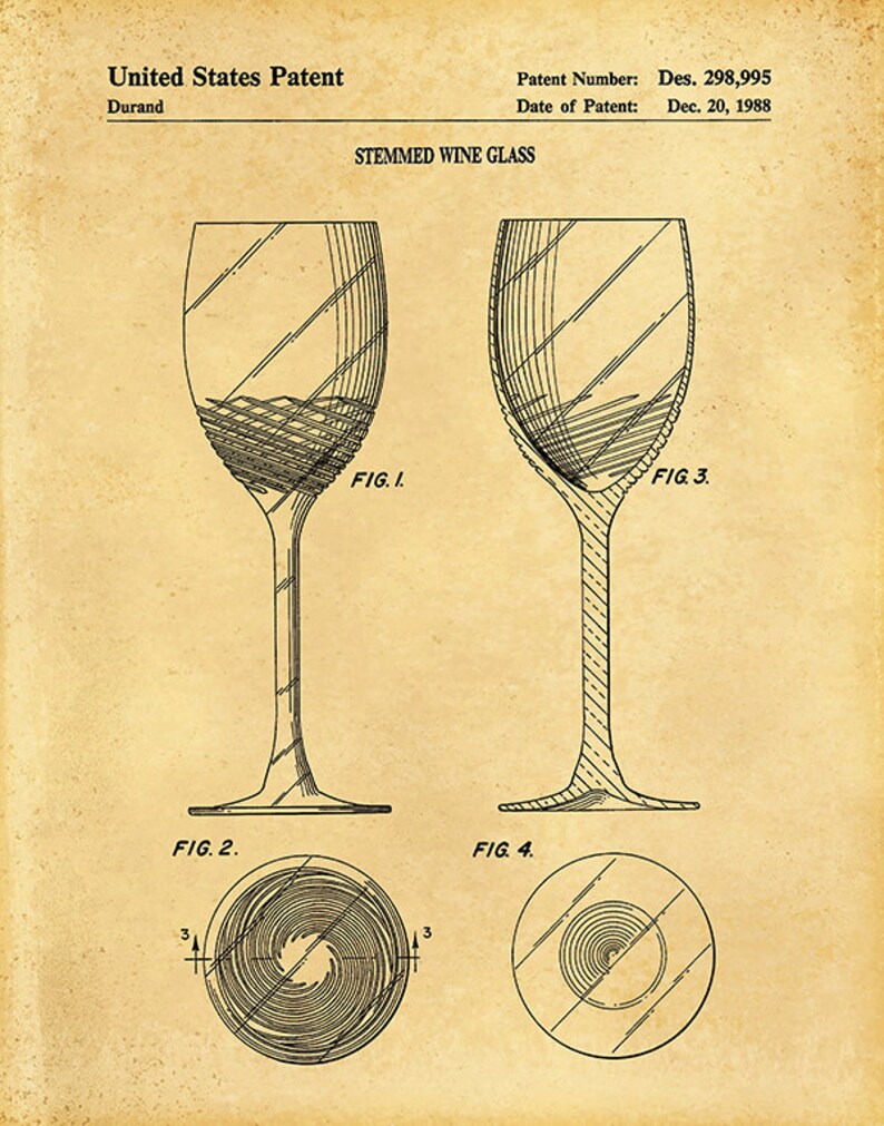 1988 Wine Glass Patent Print, Vintage Wine Glass Poster, Wine Collector Decor, Winery Decor Wine Connoisseur Gift Idea Old Parchment