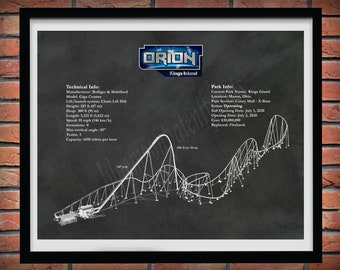 Orion Roller Coaster Drawing, Kings Island Roller Coaster, Orion Roller Coaster Blueprint, Thrill Rider Gift, Orion Roller Coaster Print