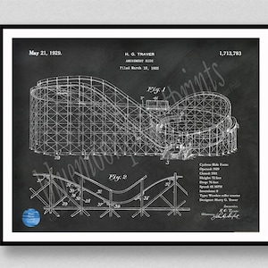 1929 Roller Coaster Patent Print, 1929 Cedar Point Cyclone Roller Coaster Poster, Cyclone Coaster Blueprint, Roller Coaster Geek Wall Art