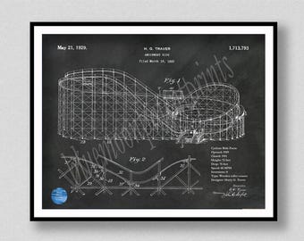 1929 Roller Coaster Patent Print, 1929 Cedar Point Cyclone Roller Coaster Poster, Cyclone Coaster Blueprint, Roller Coaster Geek Wall Art