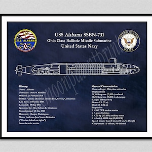 USS Alabama SSBN-731 Ohio Class Submarine Art Print, USS Alabama Submarine Poster, Ohio Class Submarine Drawing, Us Military Submarine Print